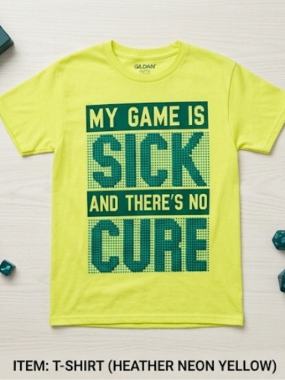 Gildan Neon Yellow Long Sleeve Tee with Teal Graphic Text